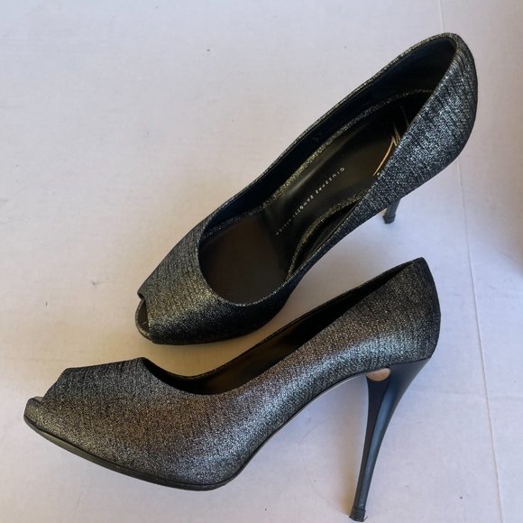 Giuseppe Zanotti Peep Toe Pumps Sz 39 Black/Grey Glitter Fabric Stiletto Heels - Picture 5 of 12